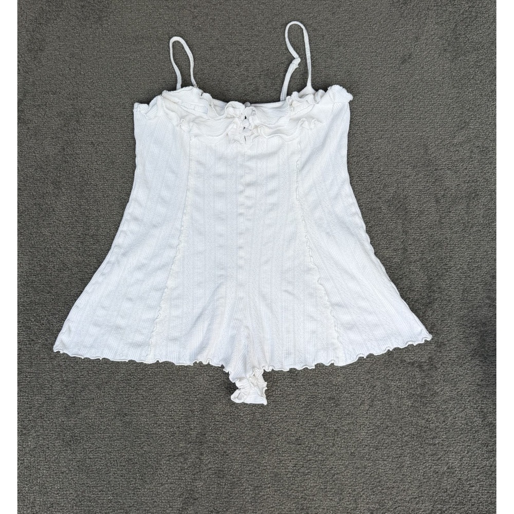 Out From Under White Pointelle Ruffle Romper Small Cotton Lace Up Loungewear